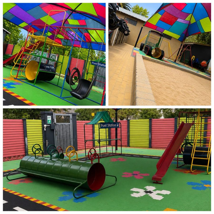 Colourful Lekker Land preschool play area with shaded playground equipment
